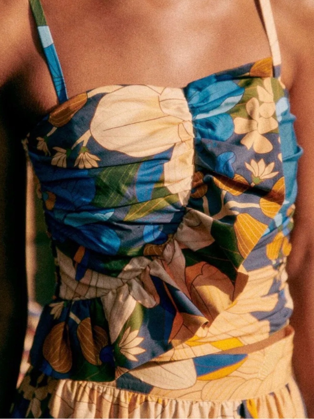 FARM Rio Blue & Yellow Floral Ruched Crop Top
